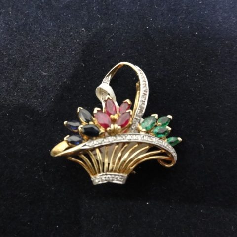 Sapphire, Ruby, Emerald & Diamond Basket brooch