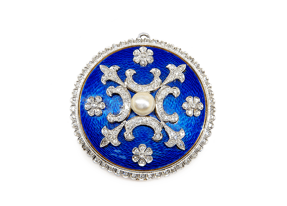 Blue Enamel, Diamonds & Pearl Brooch Watch